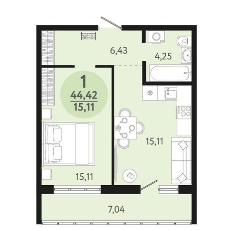 Вариант №15194, 1-комнатная квартира в жилом комплексе Семейный квартал