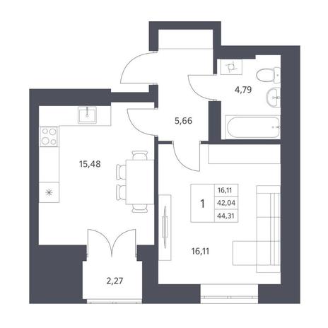 Вариант №14420, 1-комнатная квартира в жилом комплексе Новаторы