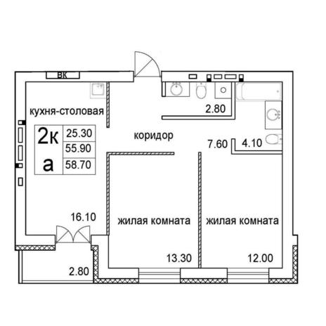 Вариант №12862, 2-комнатная квартира в жилом комплексе 