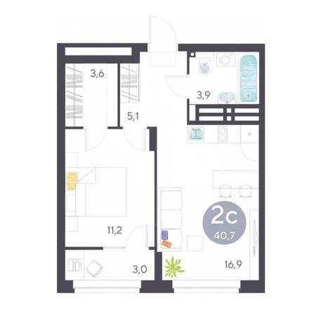 Вариант №7144, 2-комнатная квартира в жилом комплексе 