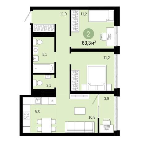 Вариант №6855, 3-комнатная квартира в жилом комплексе 