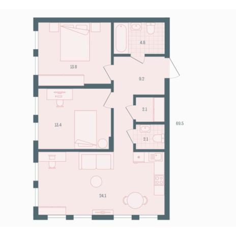 Вариант №5933, 2-комнатная квартира в жилом комплексе Акварельный 3.0