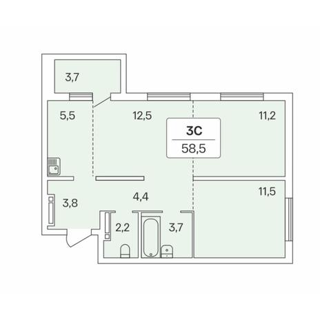 Вариант №7682, 3-комнатная квартира в жилом комплексе Академия