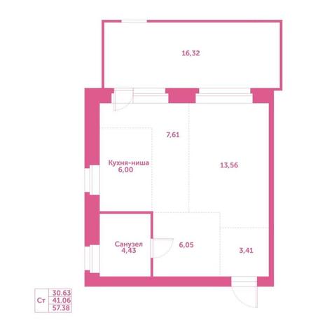 Вариант №15205, 1-комнатная квартира в жилом комплексе Комсомольский проспект