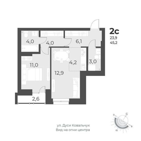 Вариант №10502, 2-комнатная квартира в жилом комплексе Марсель-2