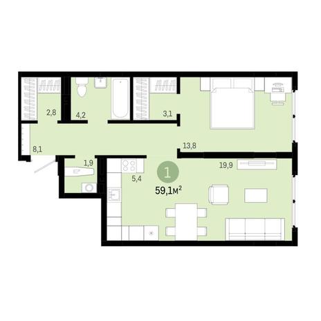 Вариант №6857, 2-комнатная квартира в жилом комплексе 