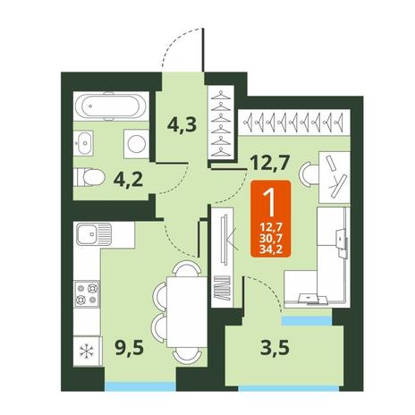 Вариант №13808, 1-комнатная квартира в жилом комплексе 