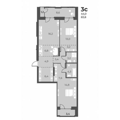 Вариант №5801, 3-комнатная квартира в жилом комплексе Пшеница