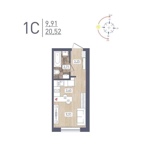 Вариант №12173, 1-комнатная квартира в жилом комплексе 