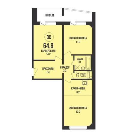 Вариант №15321, 3-комнатная квартира в жилом комплексе Расцветай на Авиастроителей