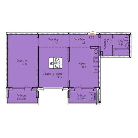Вариант №5756, 2-комнатная квартира в жилом комплексе 