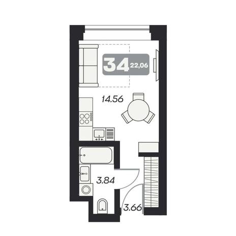 Вариант №11644, 1-комнатная квартира в жилом комплексе 