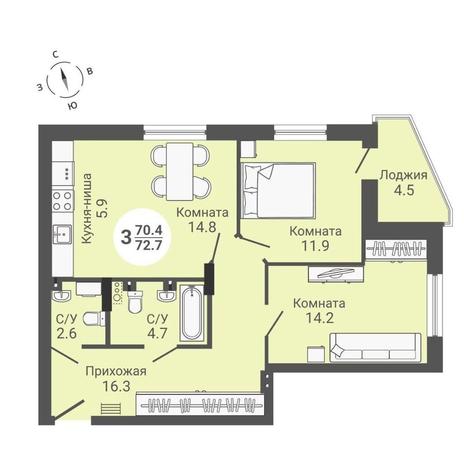 Вариант №10602, 3-комнатная квартира в жилом комплексе 
