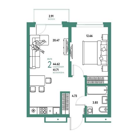Вариант №15732, 2-комнатная квартира в жилом комплексе Tesla Park