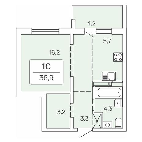 Вариант №7724, 1-комнатная квартира в жилом комплексе Сосновый бор