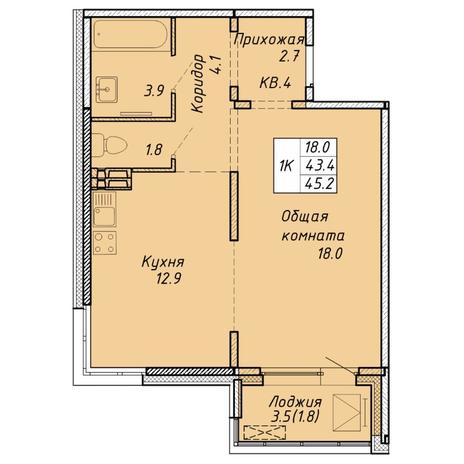 Вариант №6460, 1-комнатная квартира в жилом комплексе 