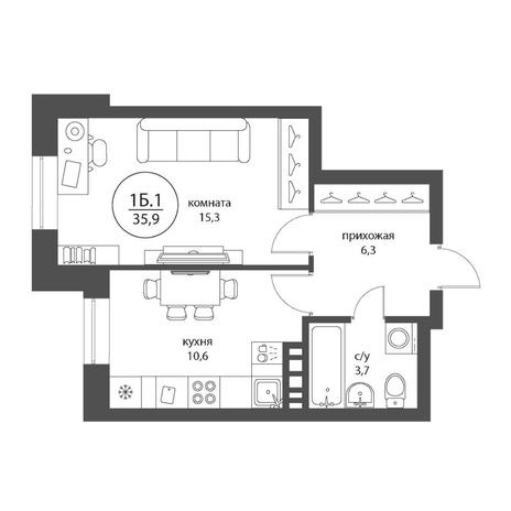 Вариант №12531, 1-комнатная квартира в жилом комплексе 