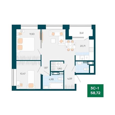 Вариант №13852, 3-комнатная квартира в жилом комплексе 