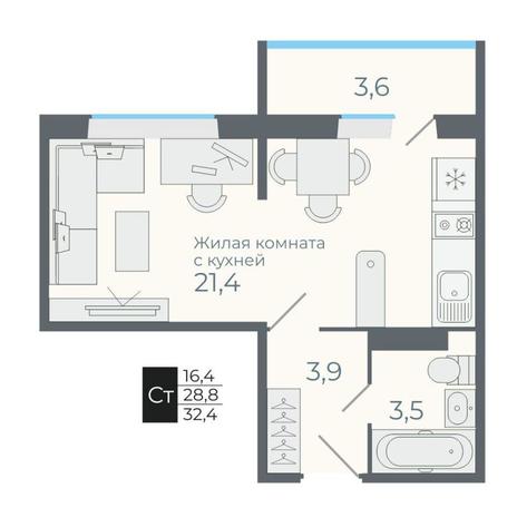 Вариант №8751, 1-комнатная квартира в жилом комплексе 