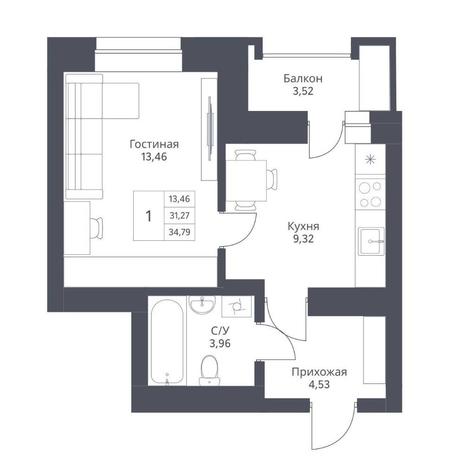 Вариант №16956, 1-комнатная квартира в жилом комплексе Актив