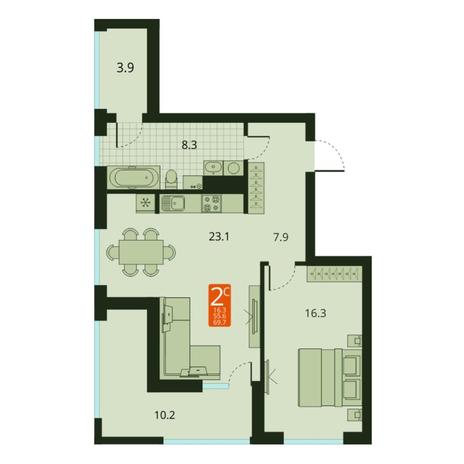 Вариант №7499, 2-комнатная квартира в жилом комплексе 