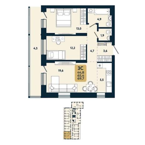 Вариант №15083, 3-комнатная квартира в жилом комплексе Русское солнце