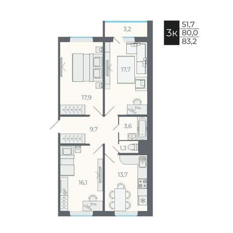 Вариант №8745, 3-комнатная квартира в жилом комплексе Авиатор