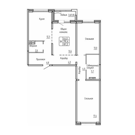 Вариант №17783, 3-комнатная квартира в жилом комплексе Самоцветы
