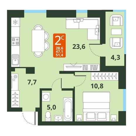 Вариант №13785, 2-комнатная квартира в жилом комплексе 