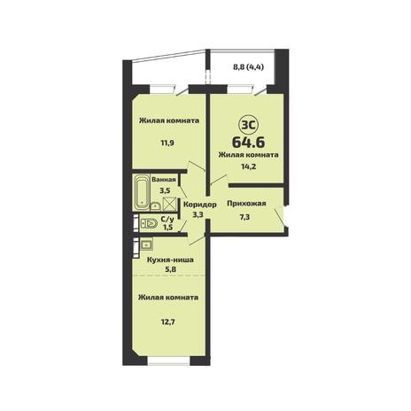 Вариант №13086, 3-комнатная квартира в жилом комплексе 
