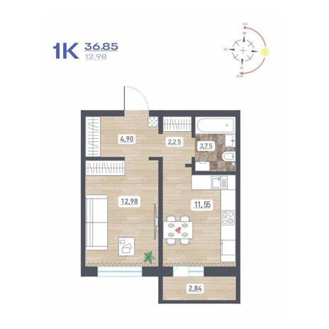 Вариант №17322, 1-комнатная квартира в жилом комплексе Радуга Сибири