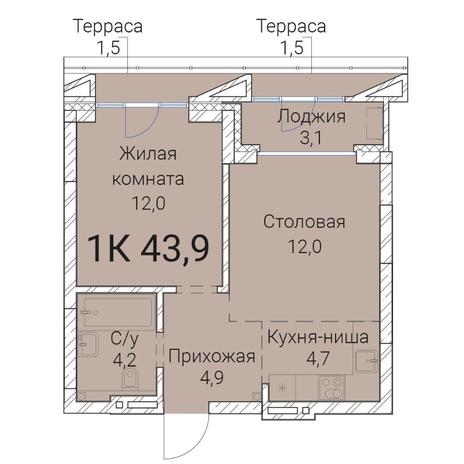 Вариант №9988, 1-комнатная квартира в жилом комплексе 
