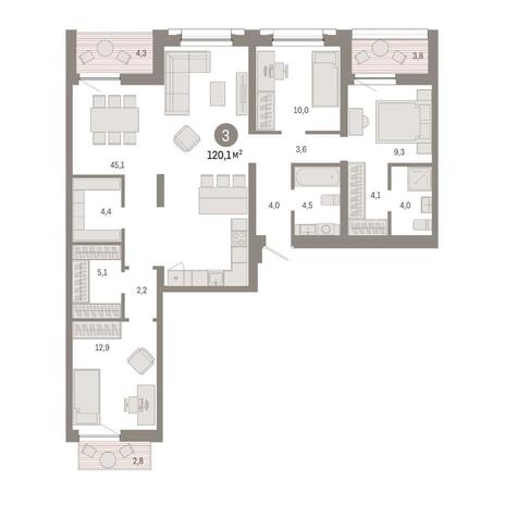 Вариант №14891, 3-комнатная квартира в жилом комплексе Авиатор