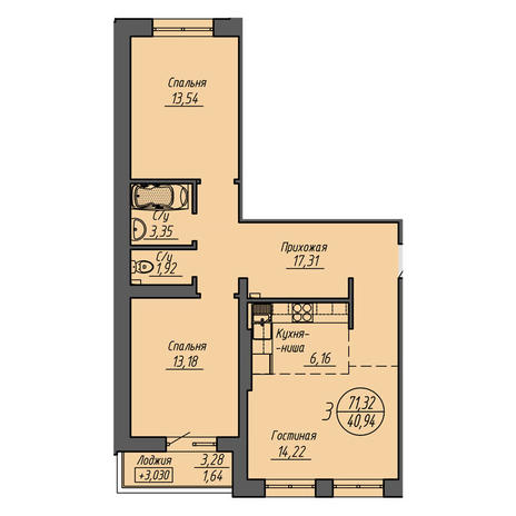 Вариант №3208, 3-комнатная квартира в жилом комплексе Страна.Береговая