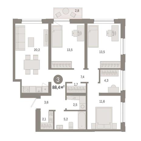 Вариант №14861, 3-комнатная квартира в жилом комплексе Кварталы Немировича