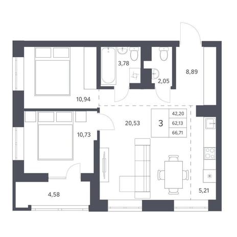 Вариант №11519, 3-комнатная квартира в жилом комплексе 