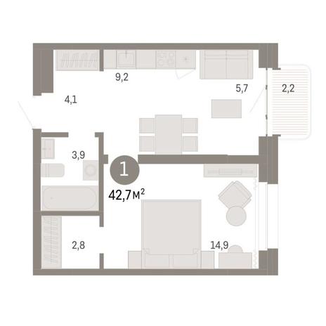 Вариант №9100, 1-комнатная квартира в жилом комплексе Нормандия-Неман
