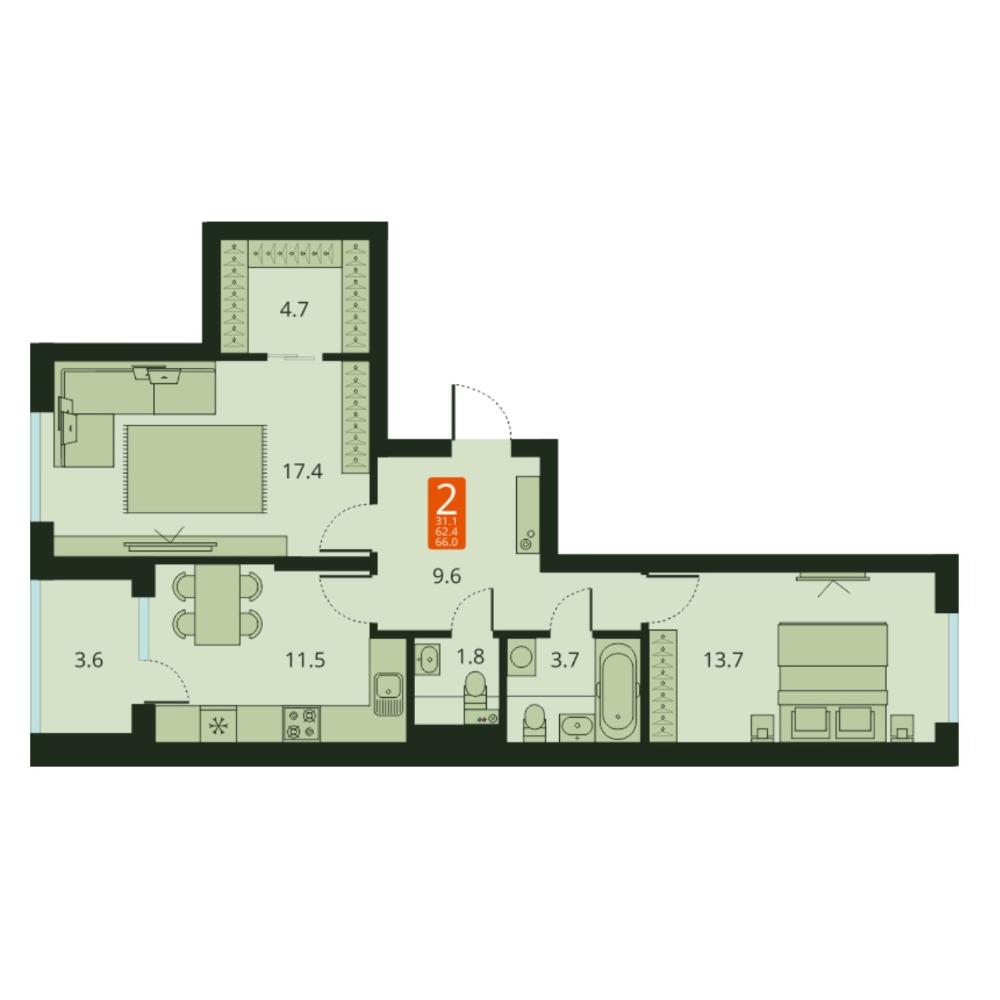 Планировка 2-комнатная площадью 62.4 м<sup>2</sup> в ЖК Тайгинский парк