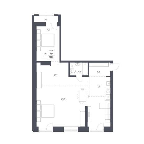 Вариант №11242, 2-комнатная квартира в жилом комплексе Новаторы