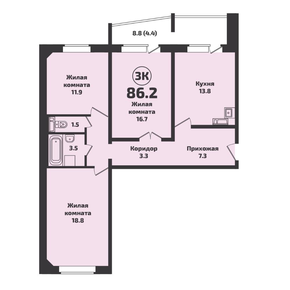 Планировка 3-комнатная площадью 86.2 м<sup>2</sup> в ЖК Приозерный