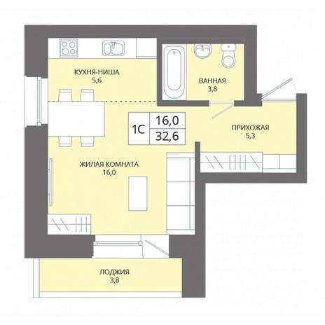Вариант №7044, 1-комнатная квартира в жилом комплексе 