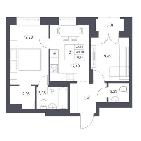 Вариант №14417, 2-комнатная квартира в жилом комплексе 