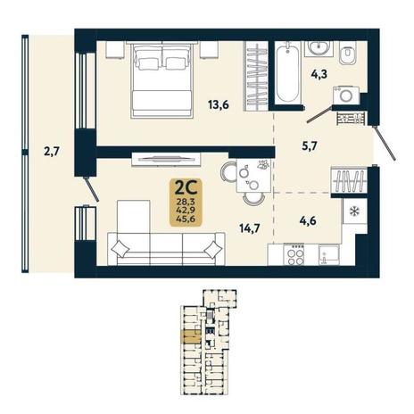 Вариант №15080, 2-комнатная квартира в жилом комплексе Семейный квартал