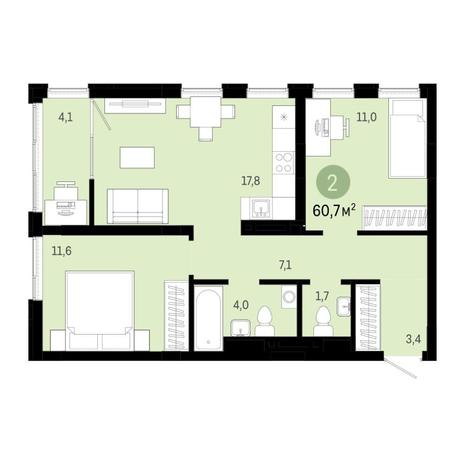 Вариант №6853, 3-комнатная квартира в жилом комплексе 