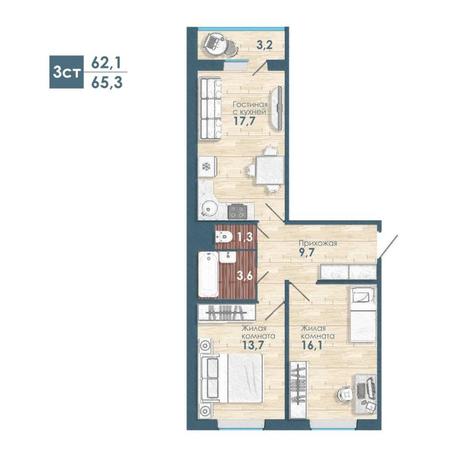 Вариант №9797, 3-комнатная квартира в жилом комплексе 