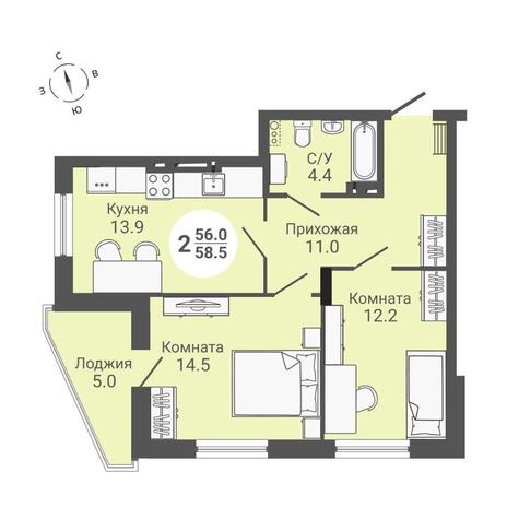 Вариант №10596, 2-комнатная квартира в жилом комплексе 