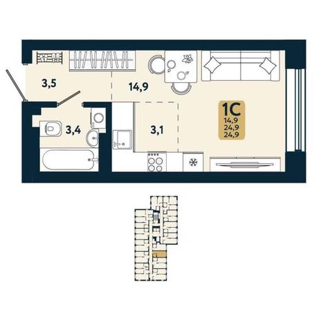 Вариант №15111, 1-комнатная квартира в жилом комплексе Новый горизонт