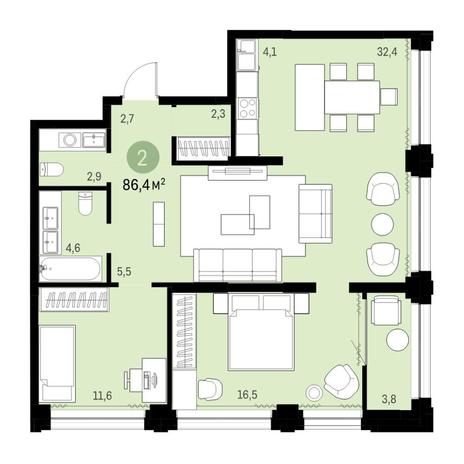 Вариант №6141, 3-комнатная квартира в жилом комплексе 