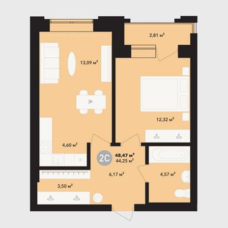 Вариант №5219, 2-комнатная квартира в жилом комплексе Прованс