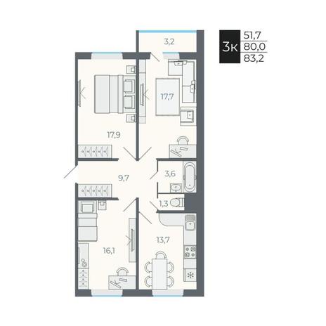 Вариант №12645, 3-комнатная квартира в жилом комплексе 